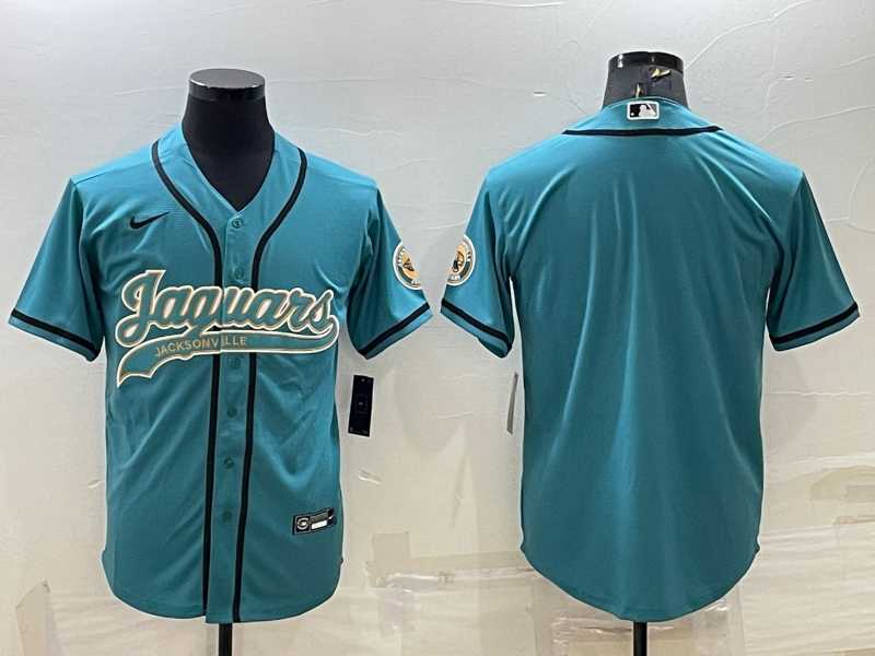 Mens Jacksonville Jaguars Blank Teal With Patch Cool Base Stitched Baseball Jersey